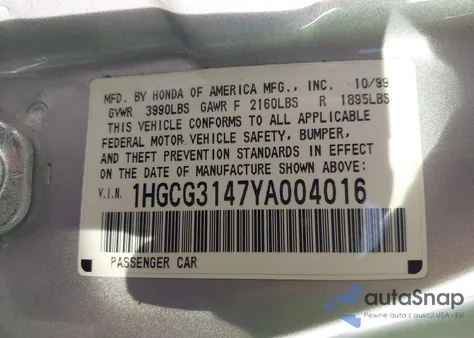 2000 Honda Accord 2.3 Lx from USA, damaged, VIN 1HGCG3147YA004016